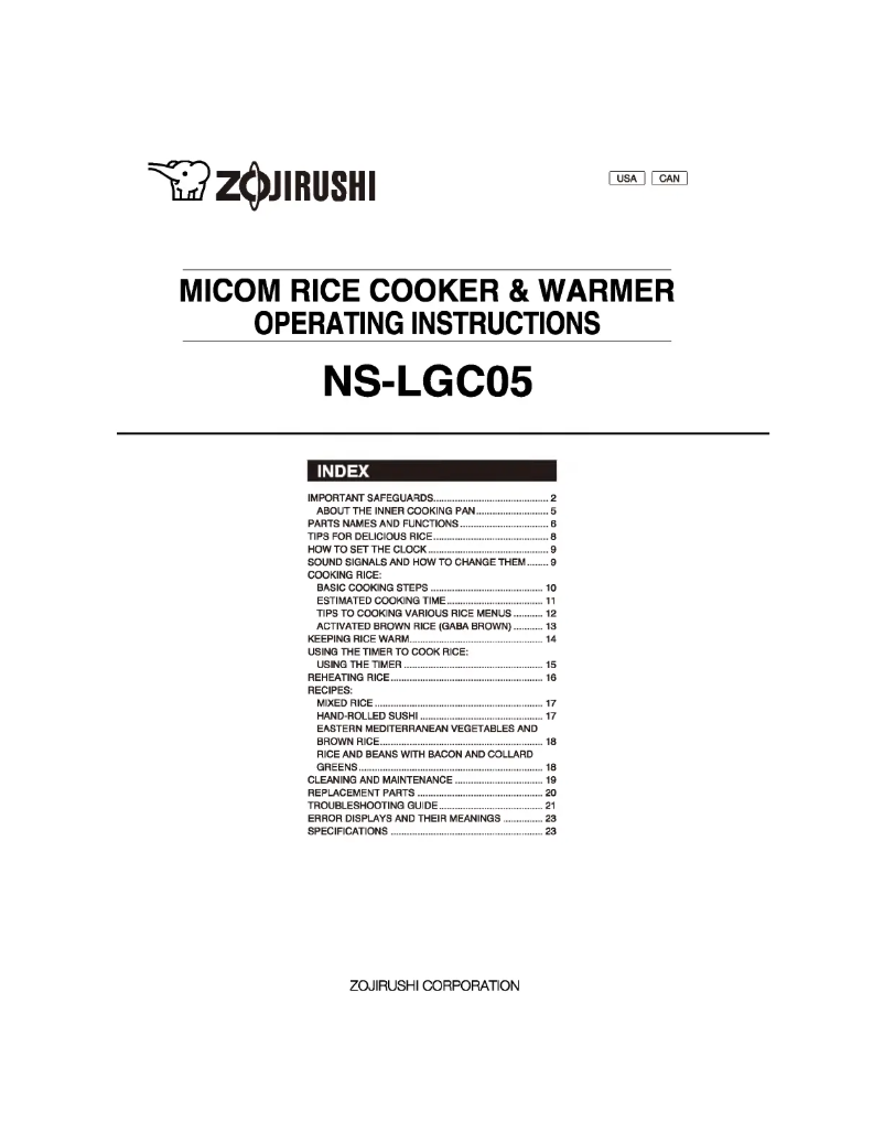 Page 1 de la notice Manuel utilisateur Zojirushi NS-LGC05