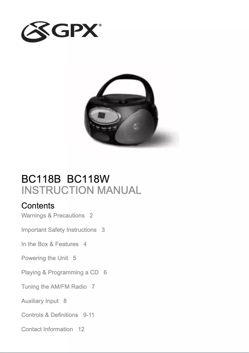 Page 1 de la notice Manuel utilisateur GPX BC118B