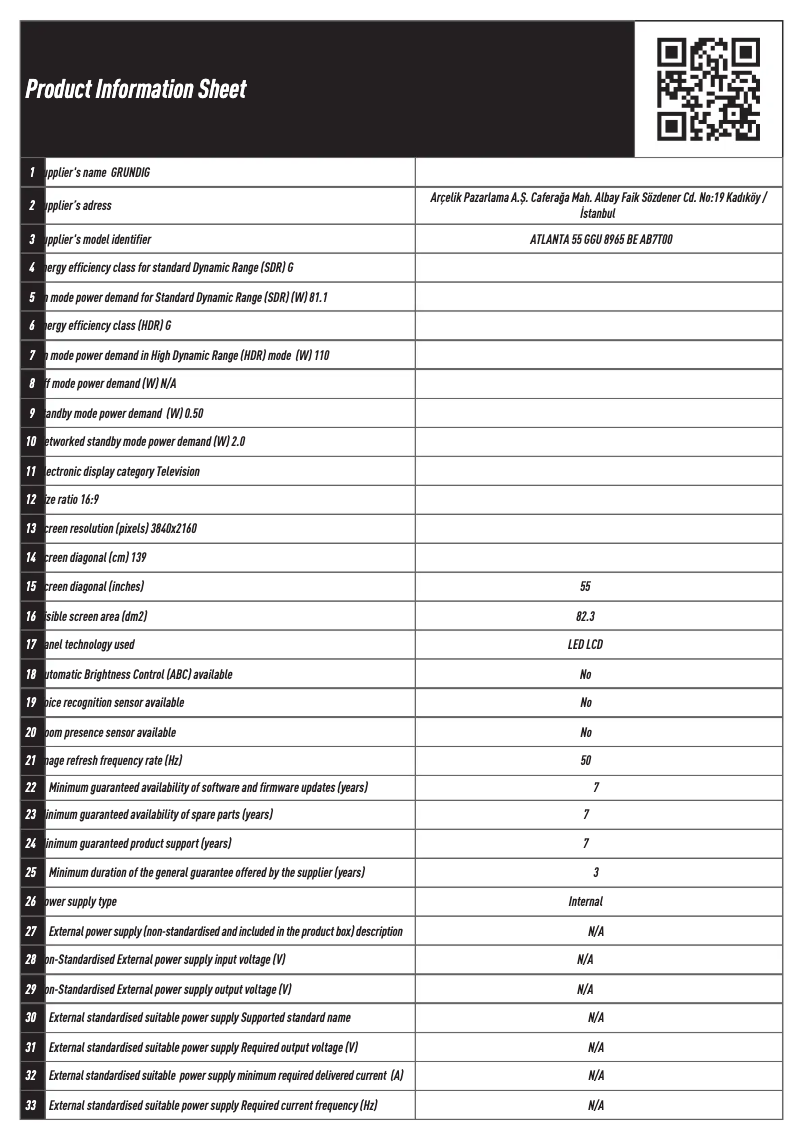 Page 1 de la notice Fiche technique Arçelik ATLANTA 55 GGU 8965 BE
