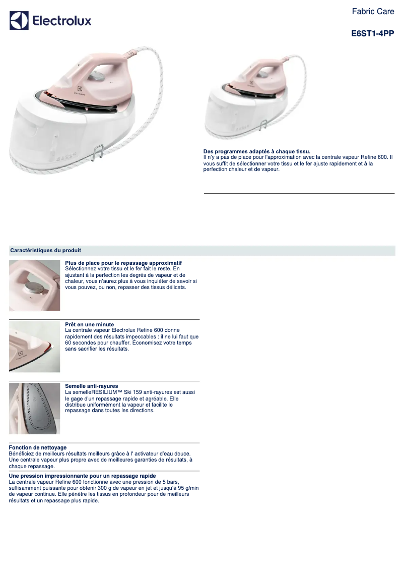 Page 1 de la notice Fiche technique Electrolux Refine 600 E6ST1-4PP