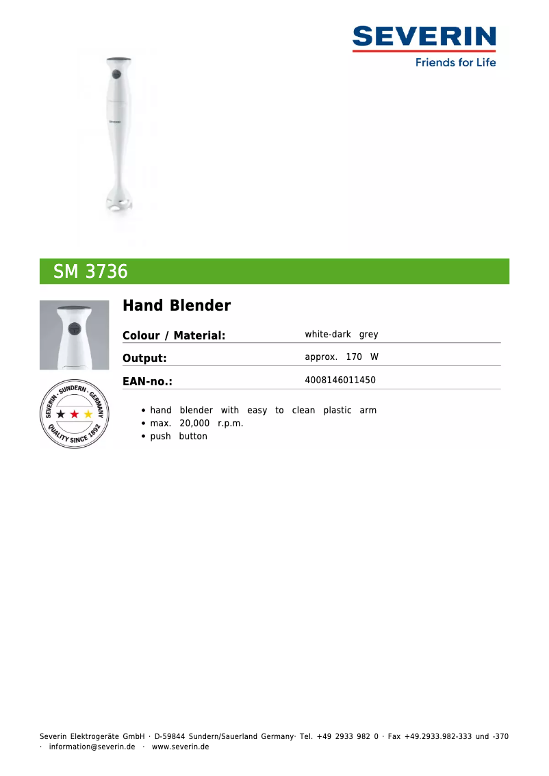Page n°1 - Fiche technique Severin SM 3736