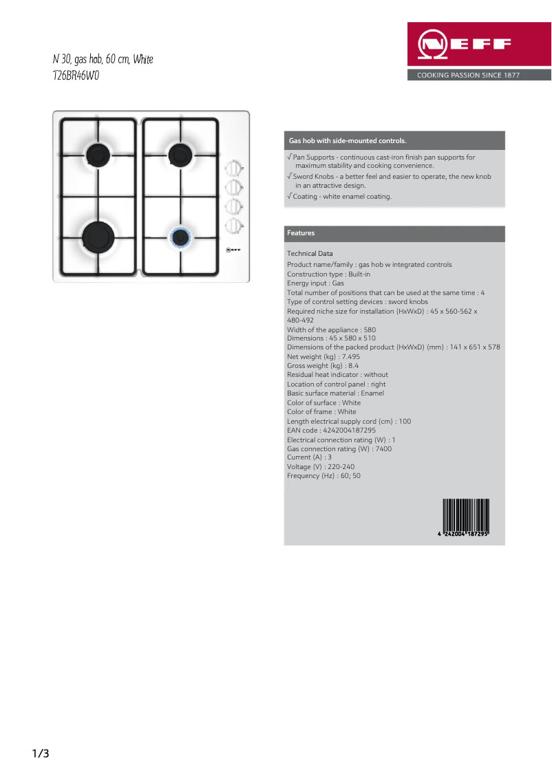 Page 1 de la notice Fiche technique Neff T26BR46W0