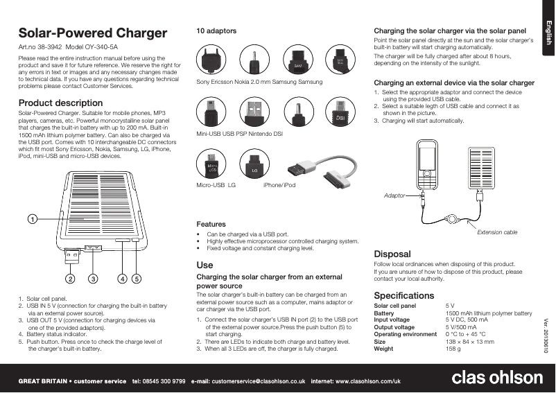 Page n°1 - Manuel utilisateur Clas Ohlson OY-340-5A