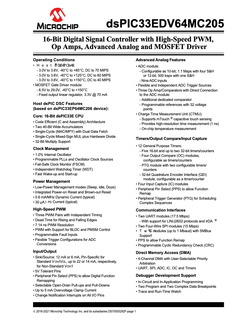 Imagen de la primera página del manual del dispositivo dsPIC33EDV64MC205