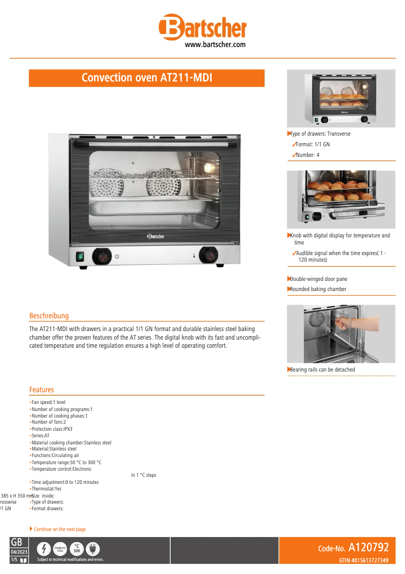 Page n°1 - Fiche technique Bartscher AT211-MDI