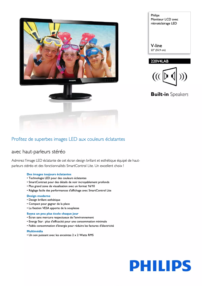 Page 1 de la notice Fiche technique Philips 220V4LAB