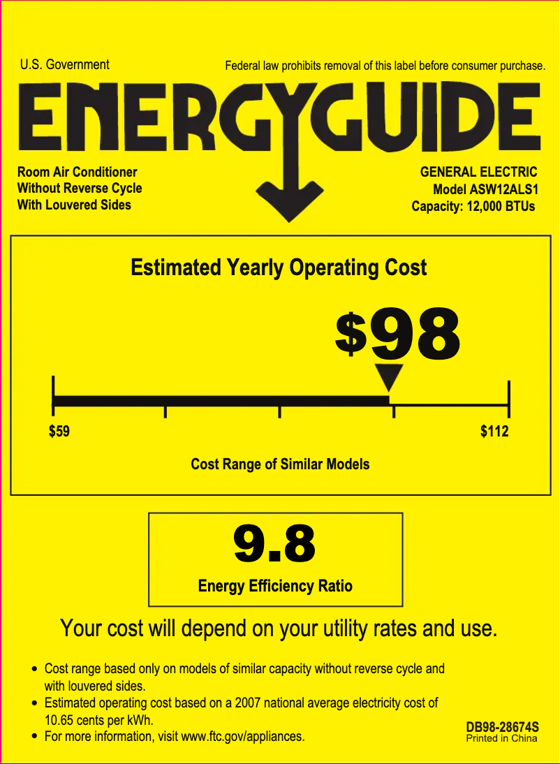 Page 1 de la notice Label énergétique GE ASW12AL