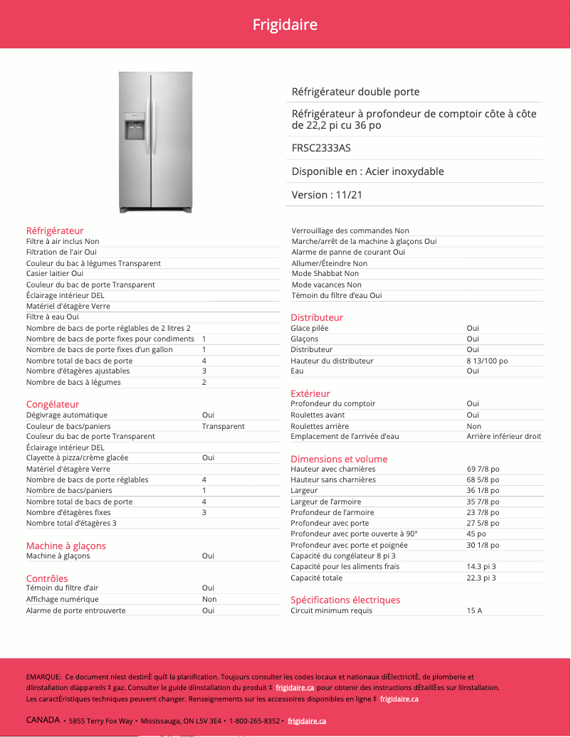 Página 1 del manual Ficha técnica Frigidaire FRSC2333AS