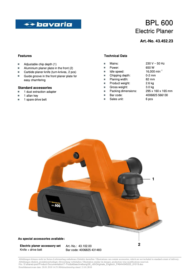 Página 1 del manual Ficha técnica Bavaria BPL 600