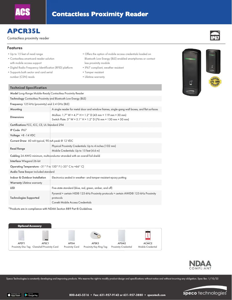 Page 1 de la notice Fiche technique Speco Technologies APCR35L
