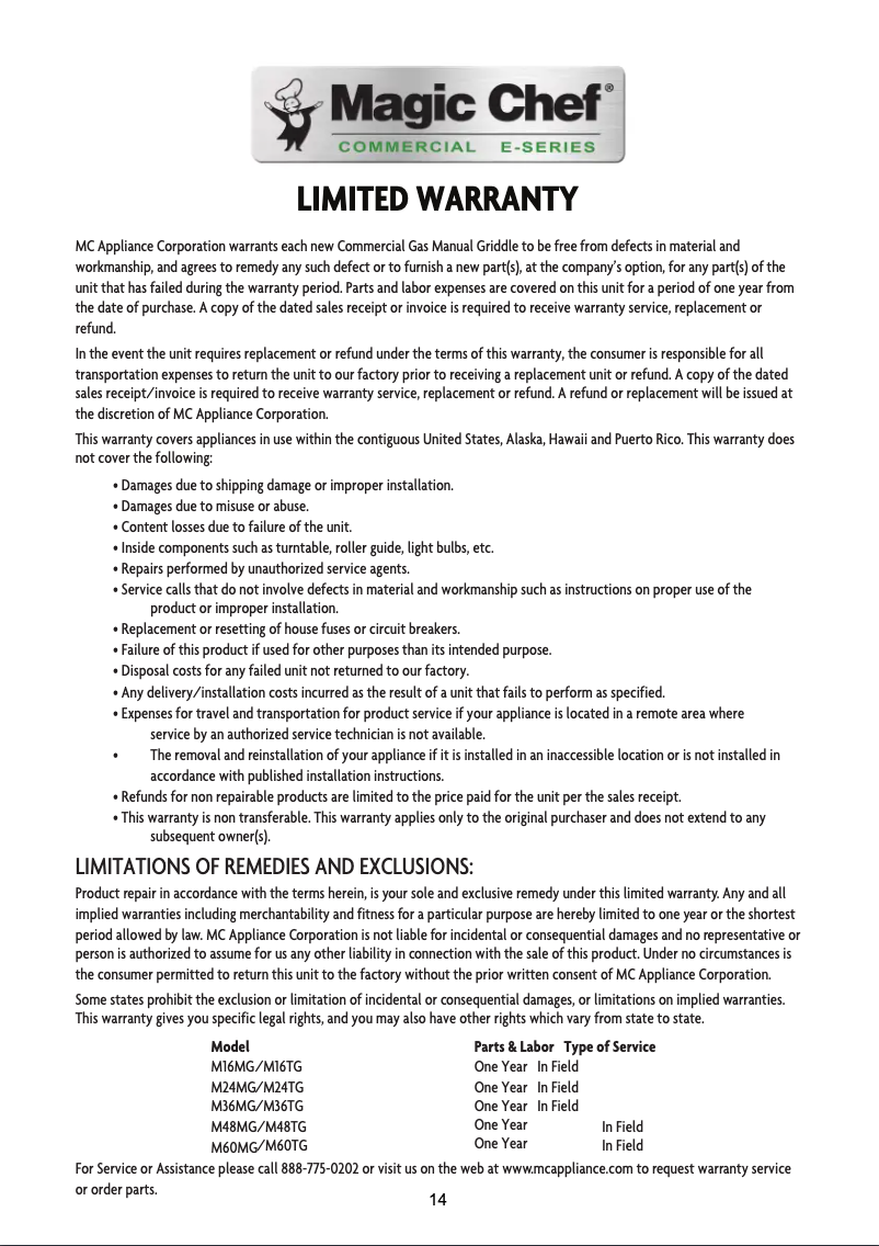 Page 1 de la notice Informations de garantie Magic Chef M16TG