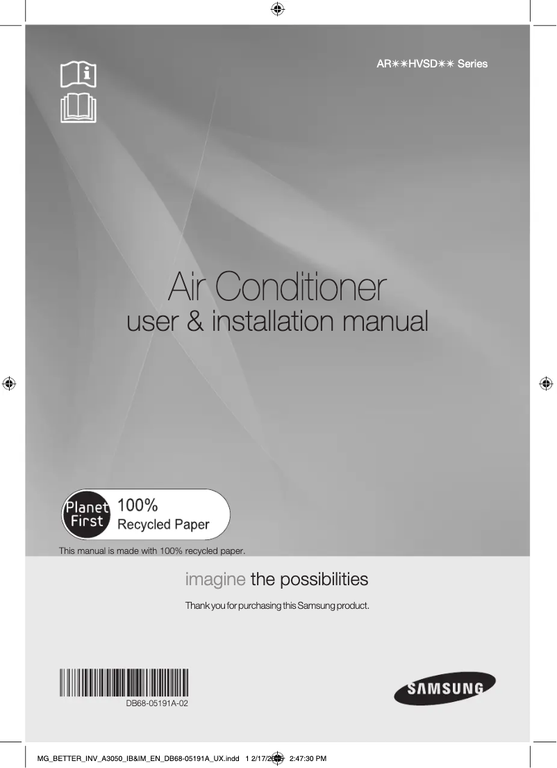 Page 1 de la notice Guide d'installation Samsung AR18HVSDEWKNMG