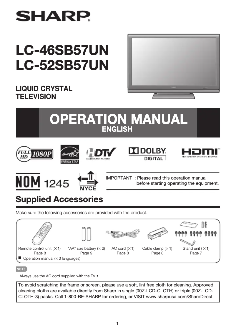 Page 1 de la notice Manuel utilisateur Sharp LC-46SB57UN