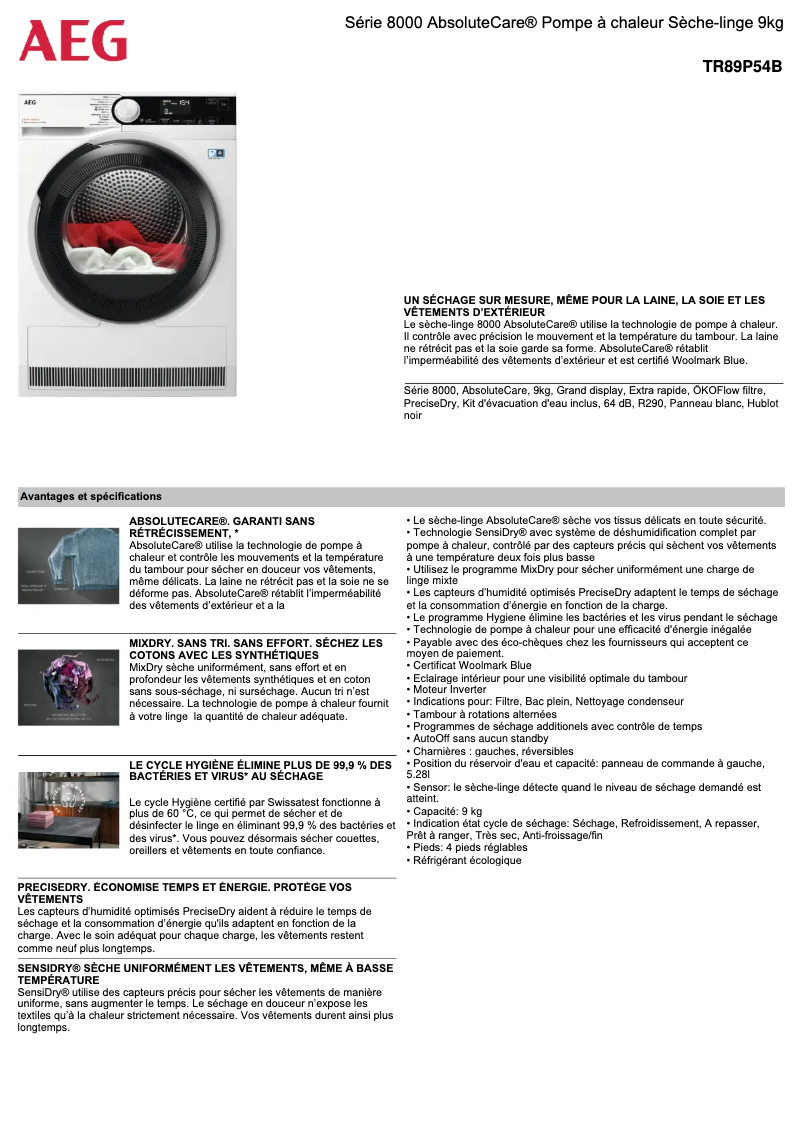 Page n°1 - Fiche technique AEG TR89P54B