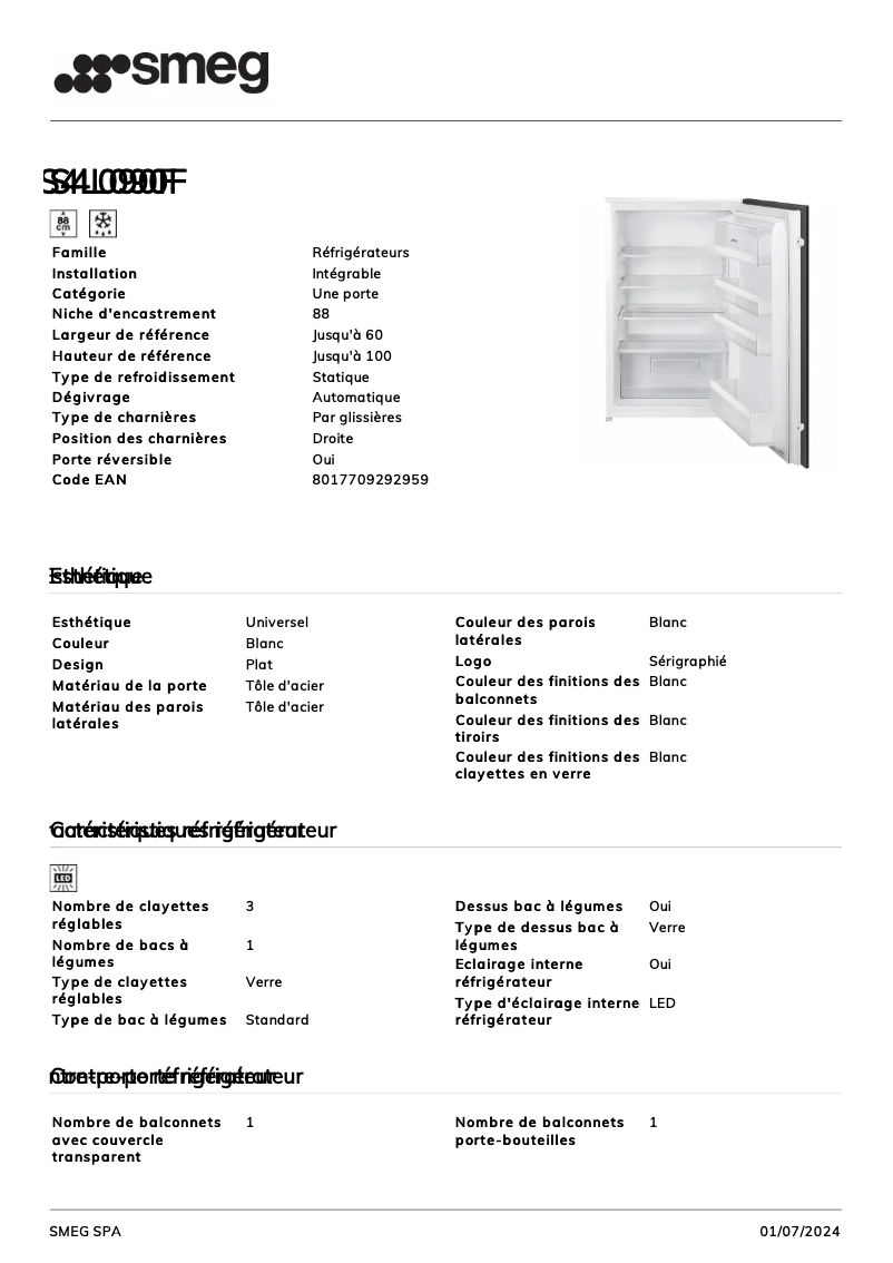 Page 1 de la notice Fiche technique Smeg S4L090F