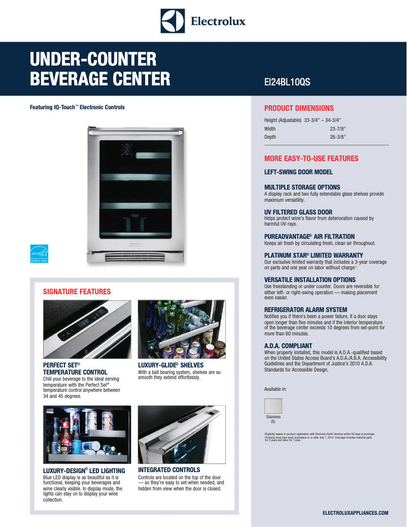 Page 1 de la notice Fiche technique Electrolux EI24BL10QS