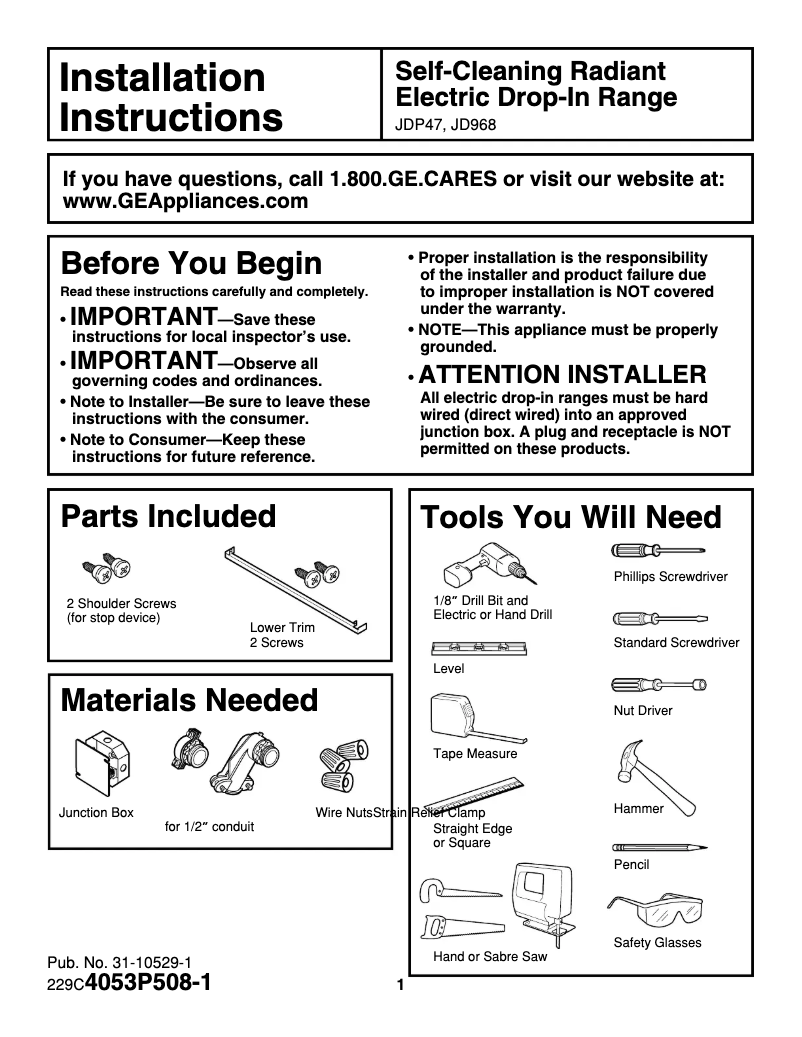 Page n°1 - Guide d'installation GE Profile JD968BFBB