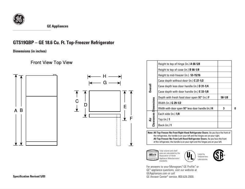 Page n°1 - Fiche technique GE GTS19QBPCC