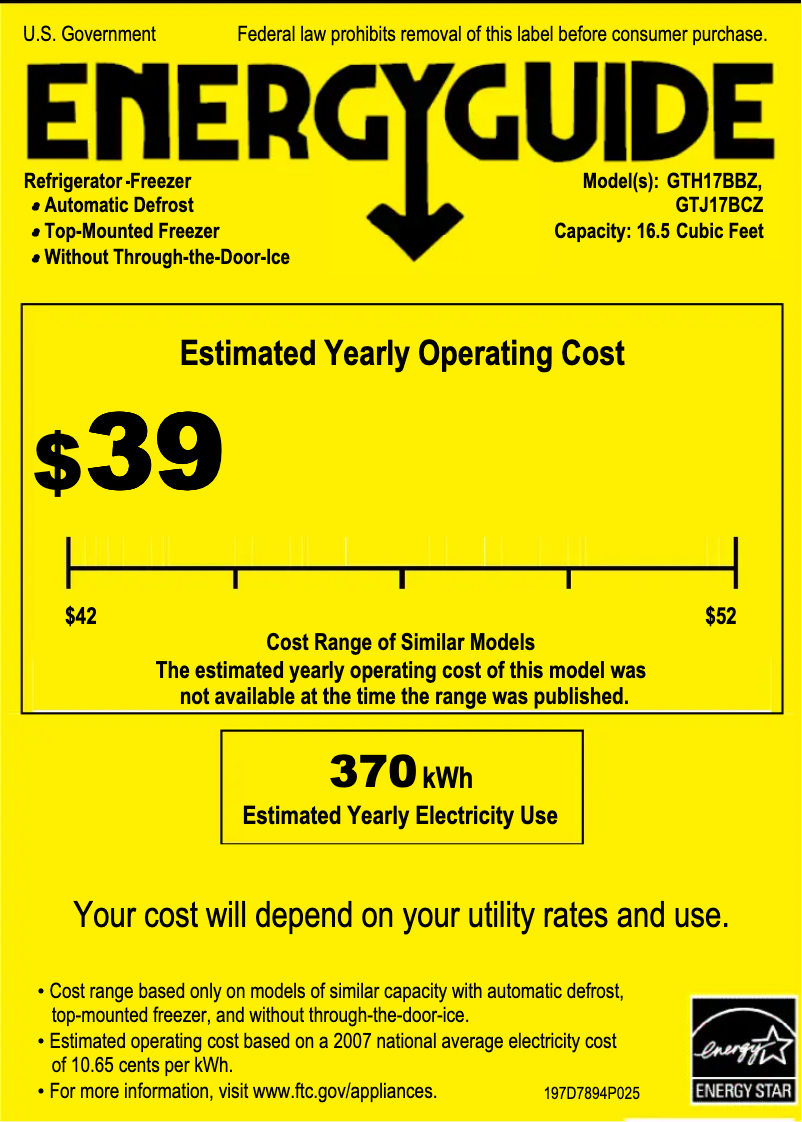 Page n°1 - Label énergétique GE GTH17BBZRCC