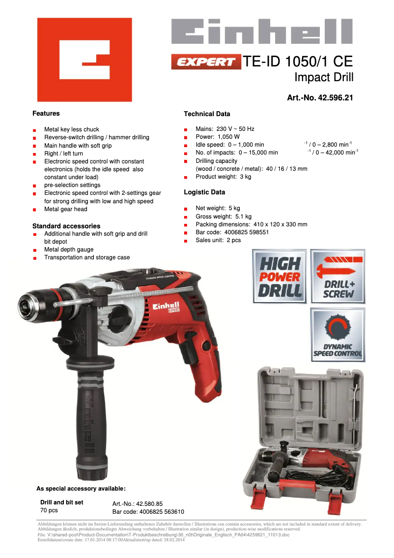 Page 1 de la notice Fiche technique Einhell TE-ID 1050/1 CE