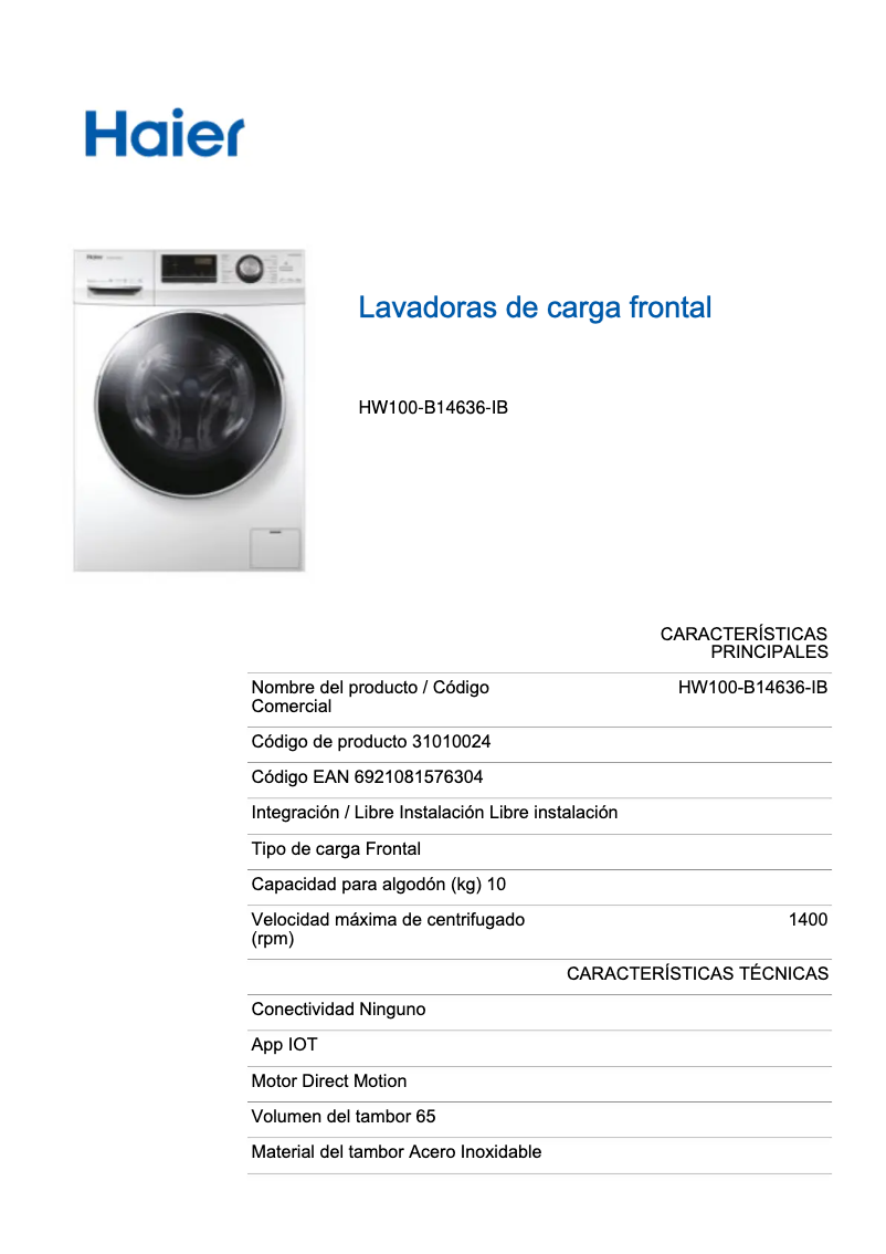 Page n°1 - Label énergétique Haier HW100-B14636