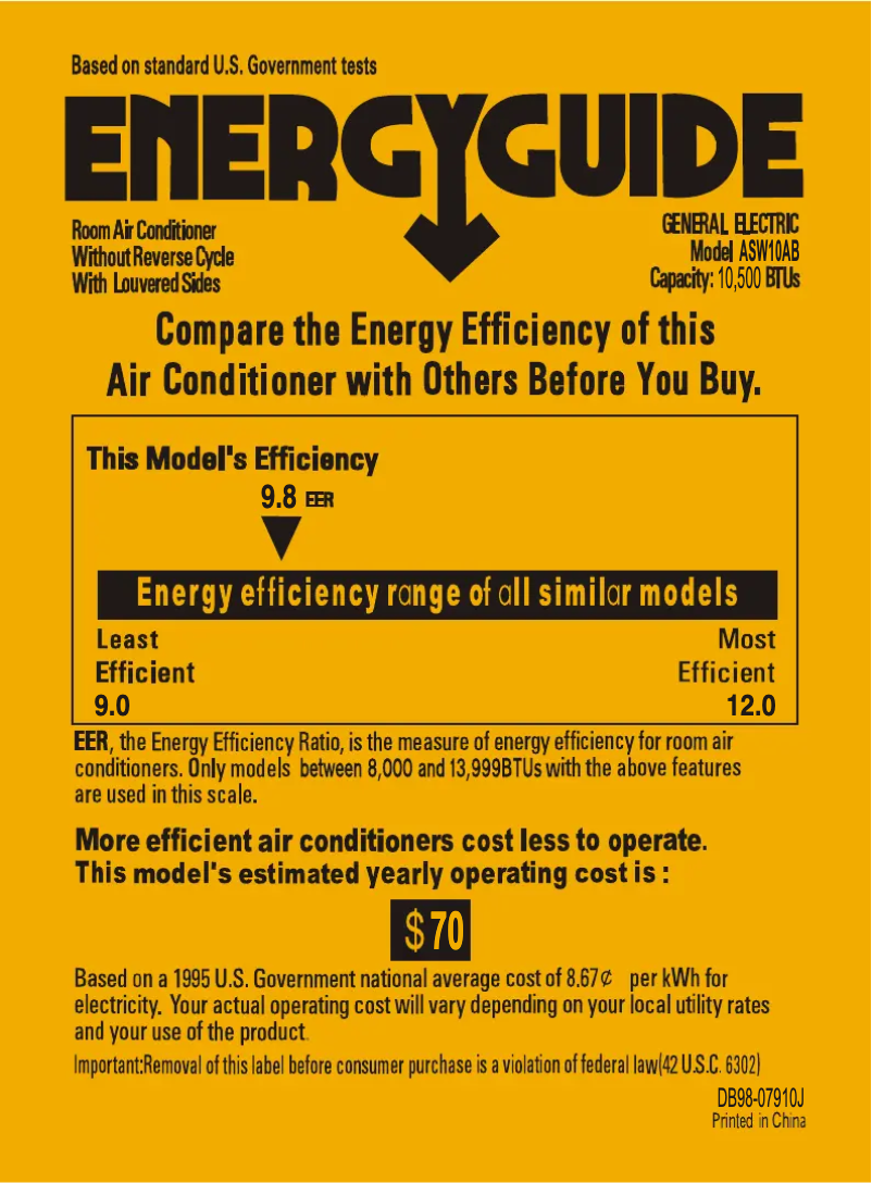 Page 1 de la notice Label énergétique GE ASW10AB
