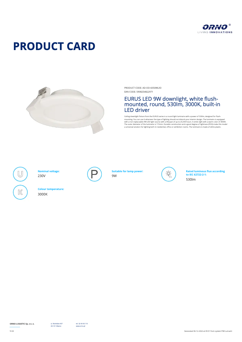 Page n°1 - Fiche technique Adviti AD-OD-6050WLX3