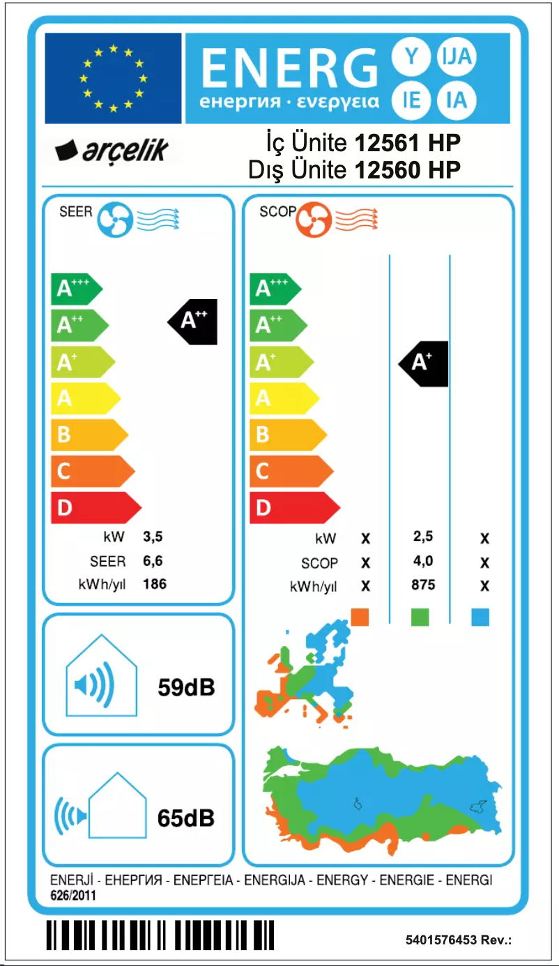 Page 1 de la notice Label énergétique Arçelik 12560 HP