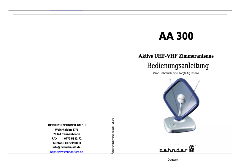 Page 1 de la notice Manuel utilisateur Zehnder AA 300