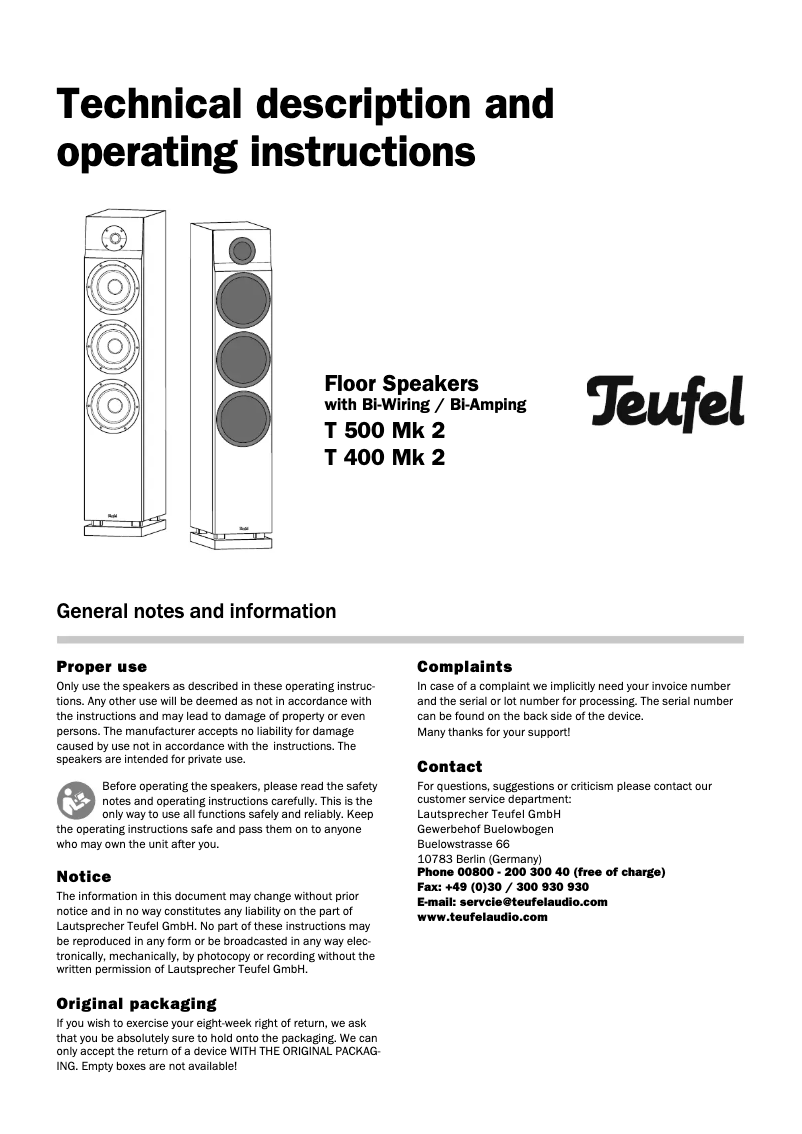 Page 1 de la notice Manuel utilisateur Teufel T 500 Mk2