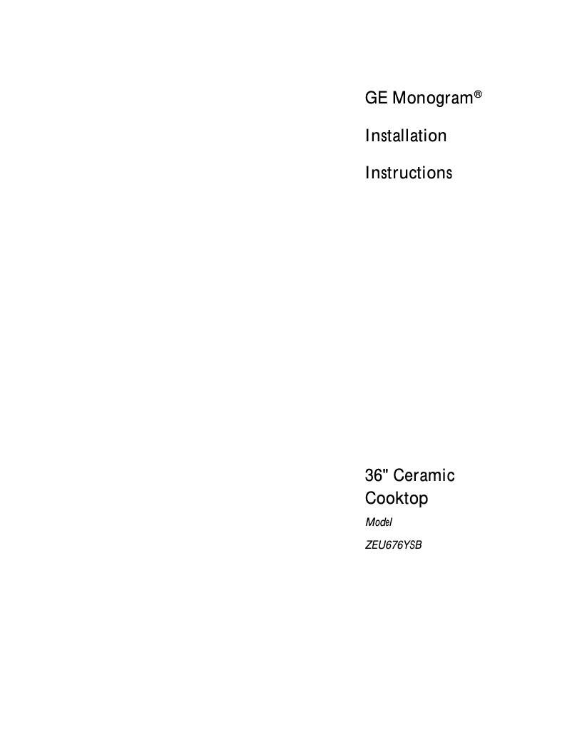 Page n°1 - Guide d'installation GE ZEU676YSB