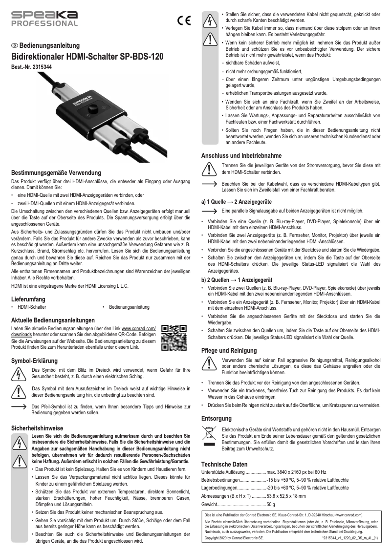 Page n°1 - Manuel utilisateur Speaka SP-BDS-120