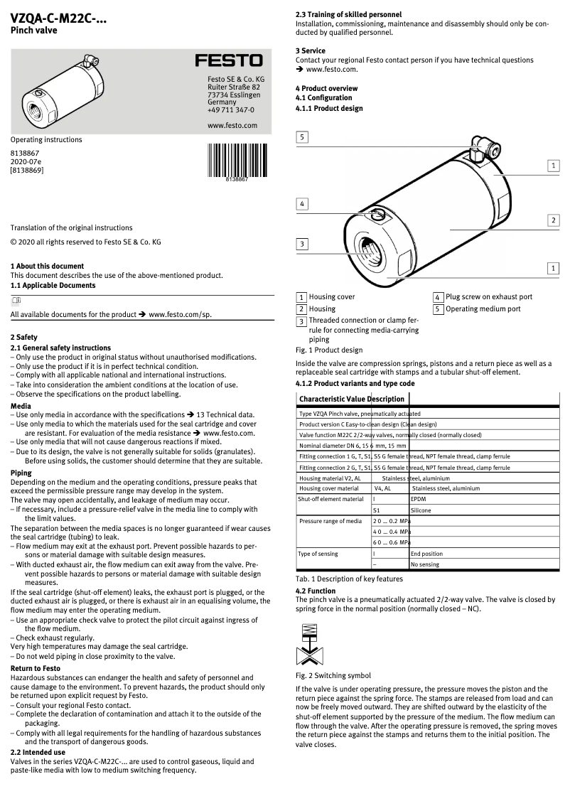 Image de la première page du manuel de l'appareil VZQA-C-M22C-15-S5S5-V2V4E-6