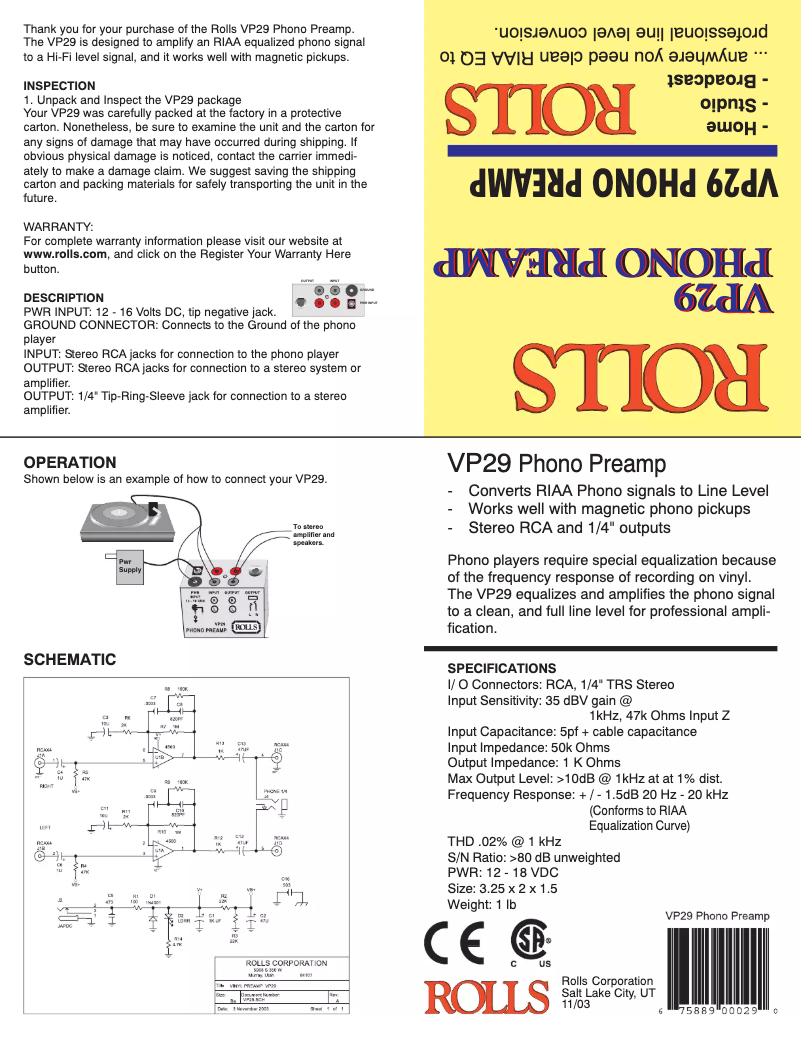 Page 1 de la notice Manuel utilisateur Rolls VP29