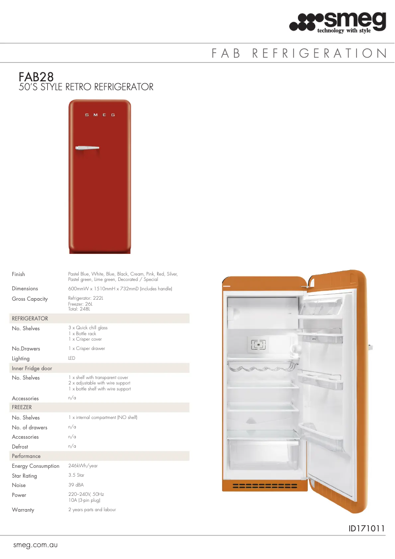 Page n°1 - Fiche technique Smeg FAB28RVE1