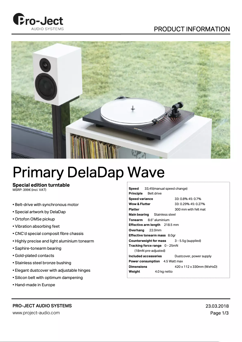 Page 1 de la notice Fiche technique Pro-Ject Primary DelaDap Wave