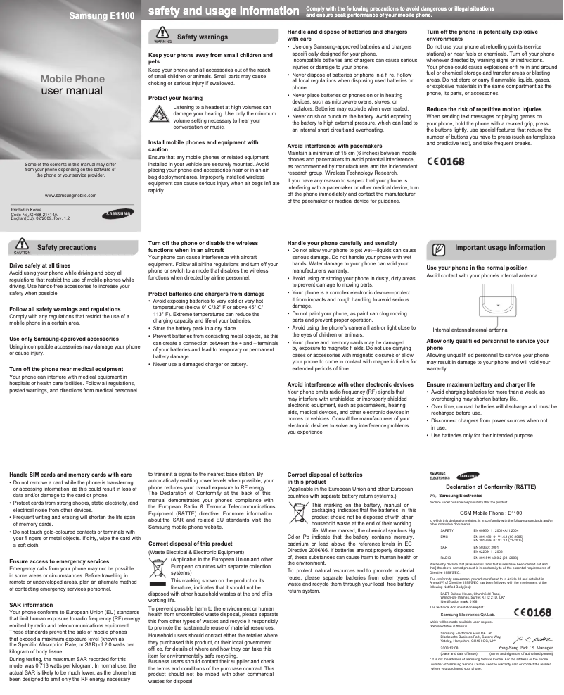 Page 1 de la notice Manuel utilisateur Samsung SPH-E1100