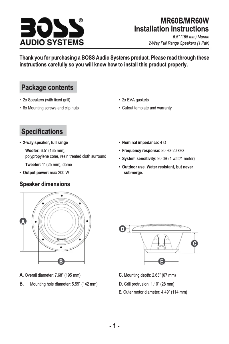 Page 1 de la notice Manuel utilisateur Boss MR60W