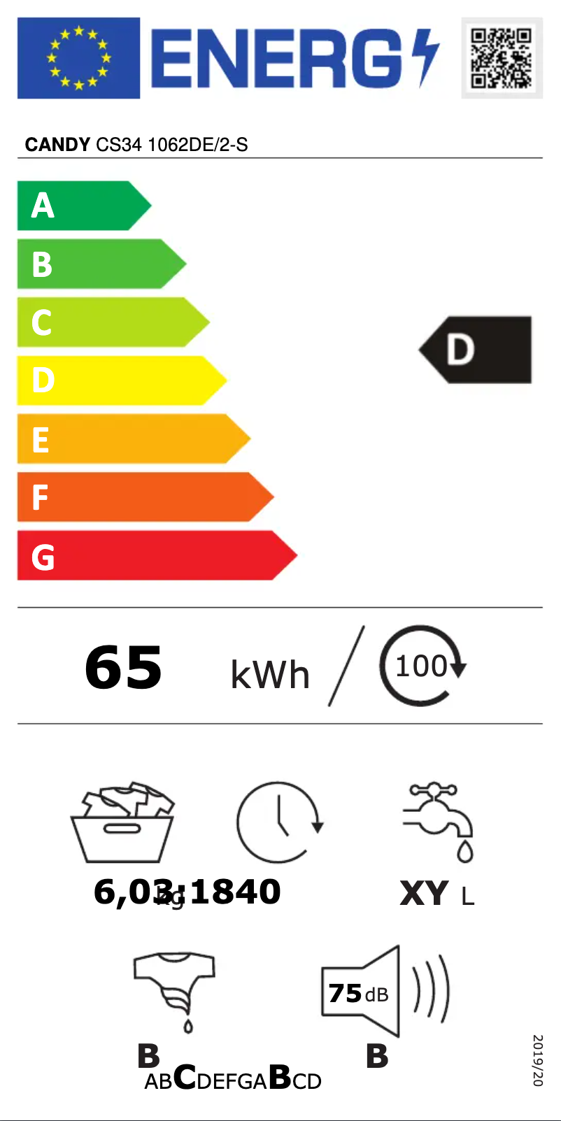 Page 1 de la notice Label énergétique Candy CS34 1062DE/2-S