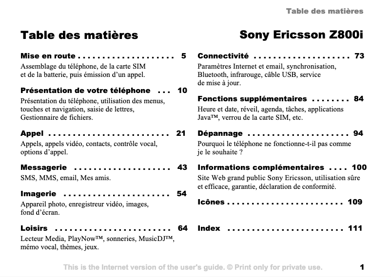 Page n°1 - Manuel utilisateur Sony Ericsson Z800i