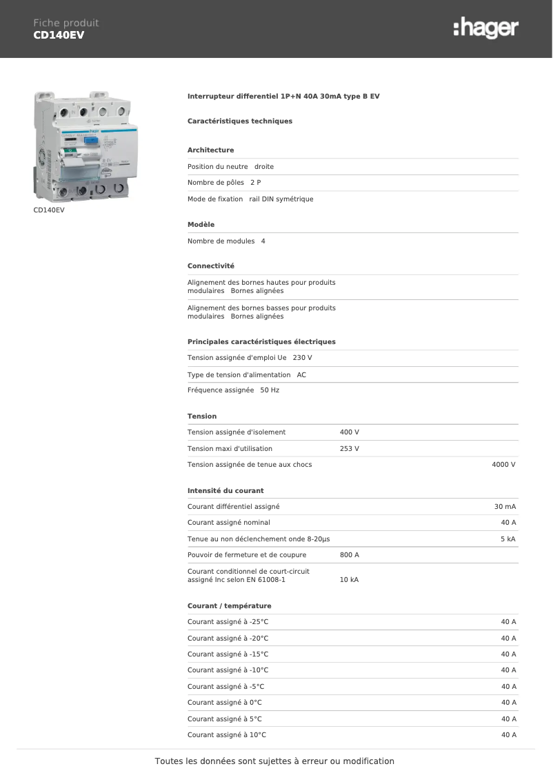 Page n°1 - Fiche technique Hager CD140EV