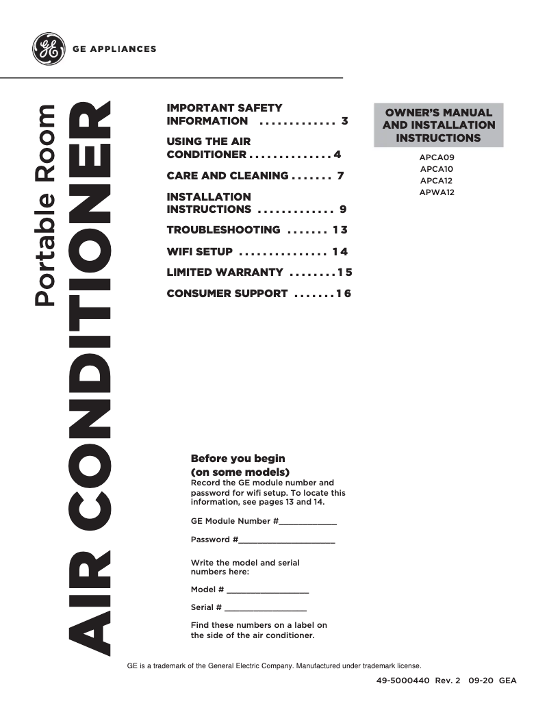 Page n°1 - Manuel utilisateur GE APCA12XYLW