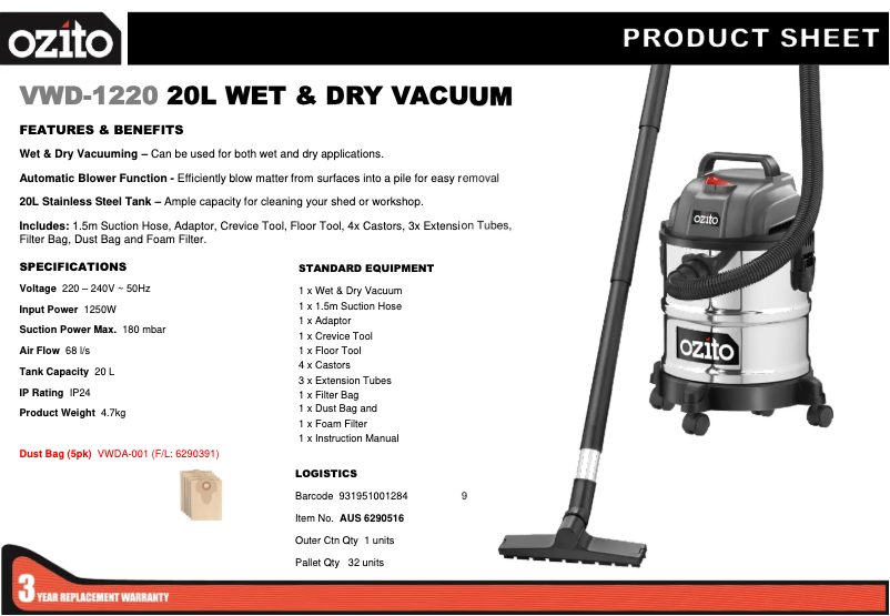 Page n°1 - Fiche technique Ozito VWD-1220