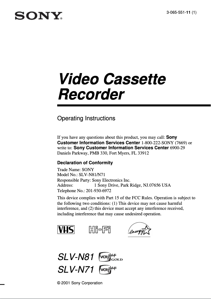 Page 1 de la notice Manuel utilisateur Sony SLV-N81