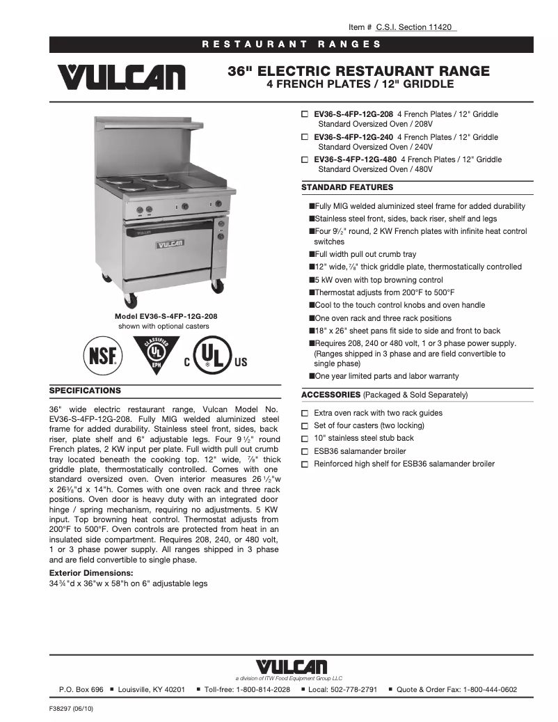 Page 1 de la notice Fiche technique Vulcan EV36S