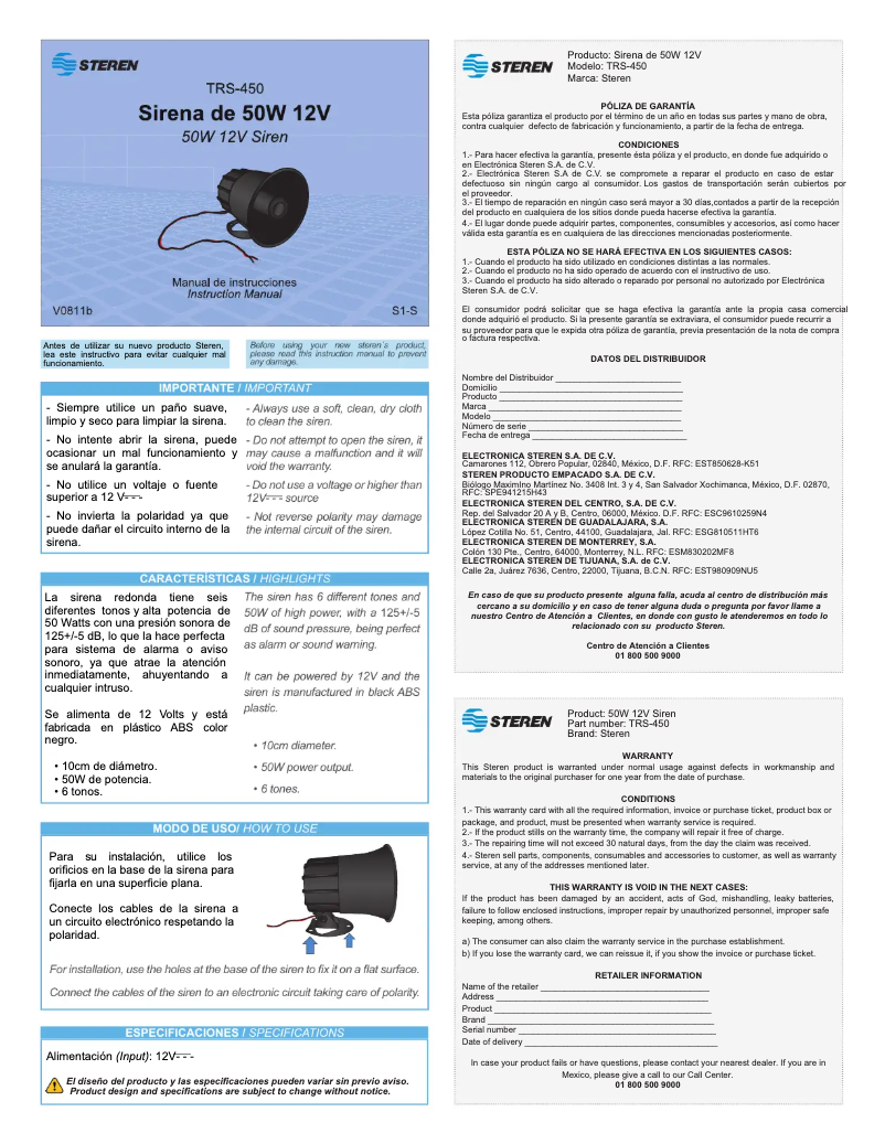 Page 1 de la notice Manuel utilisateur Steren TRS-450