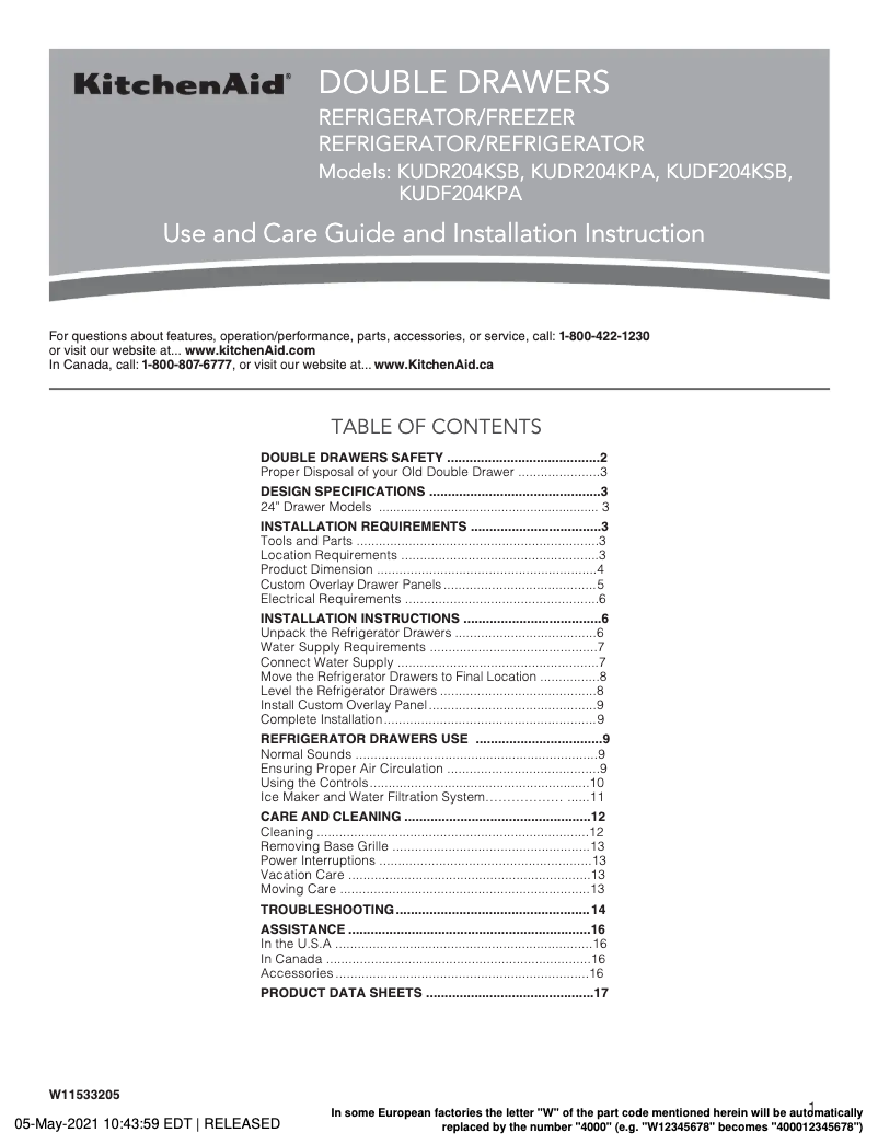 Page 1 de la notice Guide d'installation KitchenAid KUDF204KSB