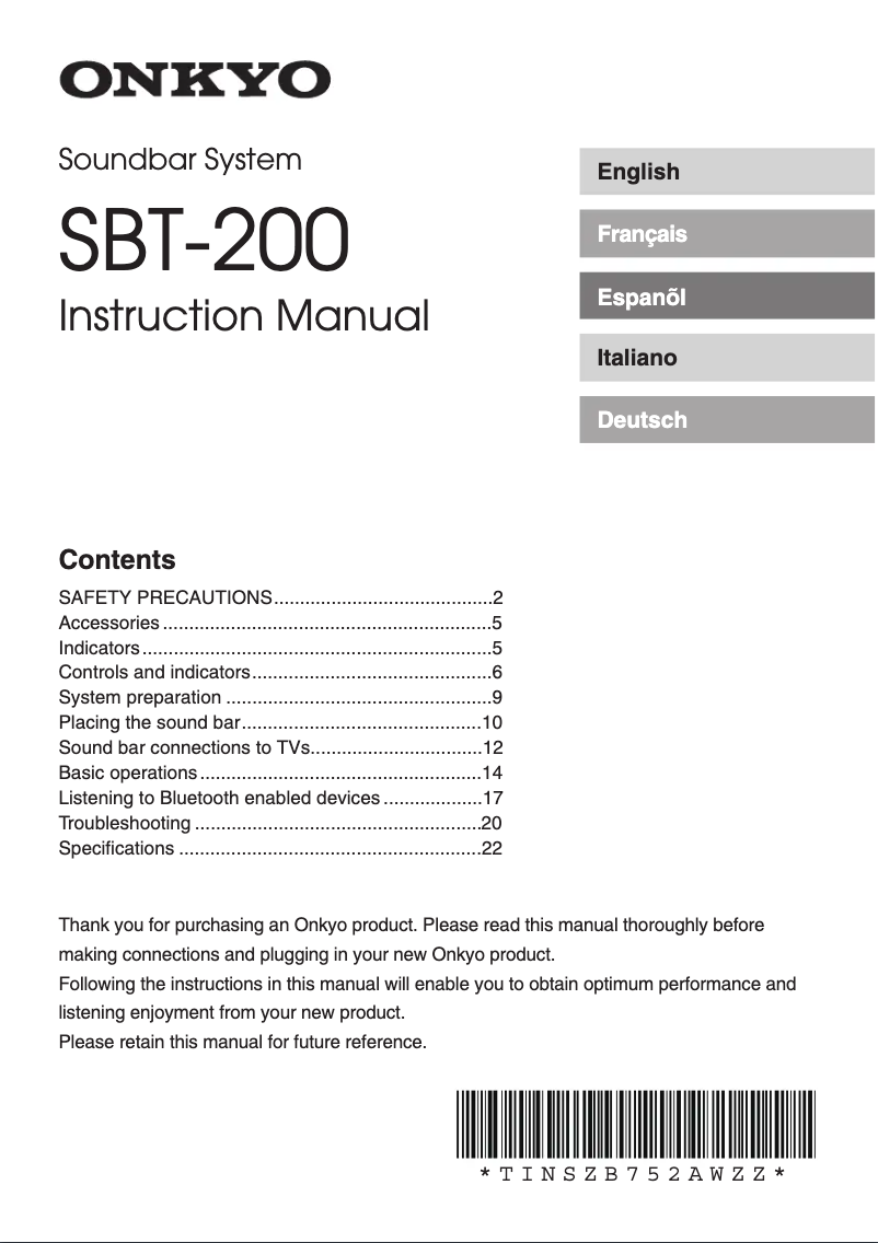 Image de la première page du manuel de l'appareil SBT-200