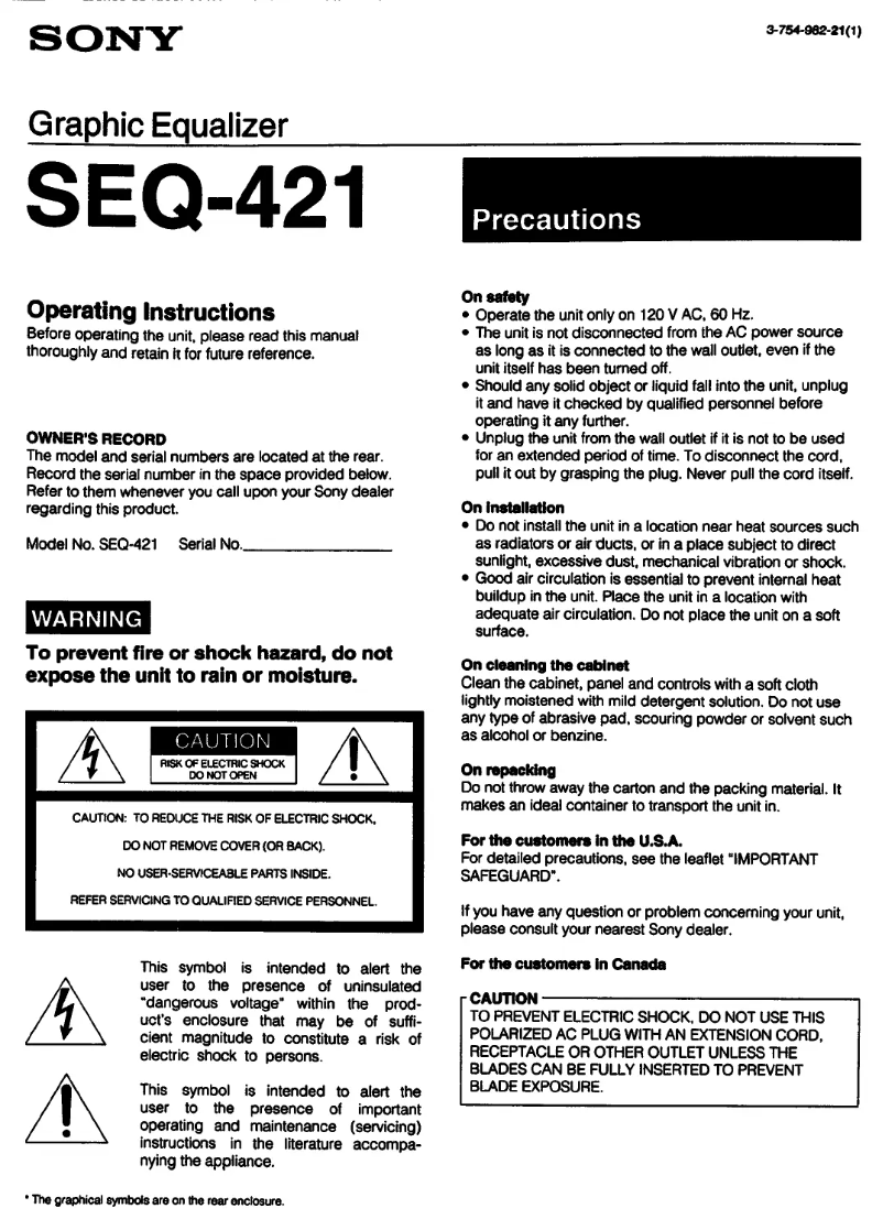 Page 1 de la notice Manuel utilisateur Sony SEQ-421