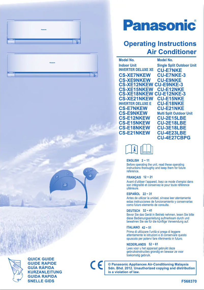 Page n°1 - Manuel utilisateur Panasonic CS-E15NKEW